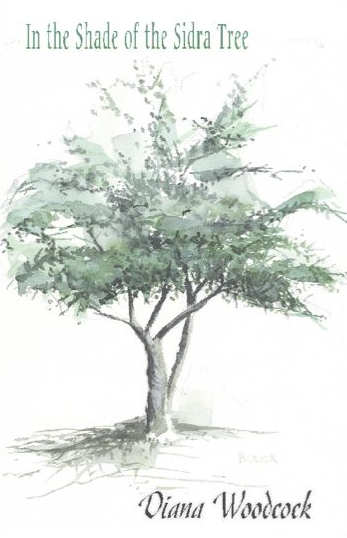 Book cover of IN THE SHADE OF THE SIDRA TREE by Dr. Diana Woodcock features a lone painted tree in shades of green and gray.